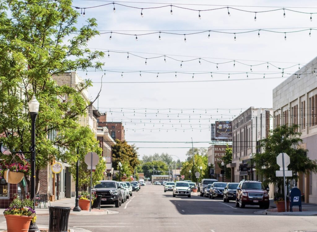 Photo of the intersection of Park Ave and A Street in downtown featuring hanging lights 